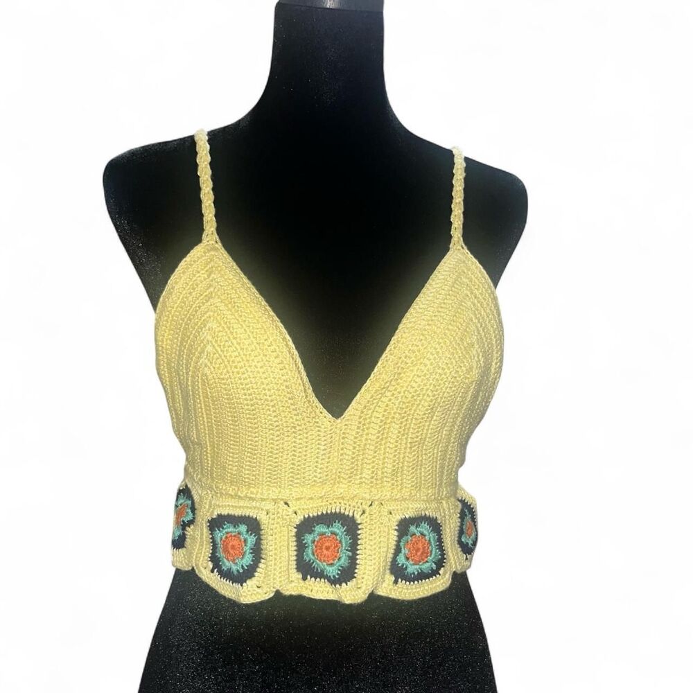 Women’s Yellow Crochet Grandma Squares Tank SZ L Coastal Vacation Boho